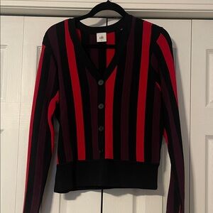CAbi Vibrant Red and Black Button-Up Cardigan